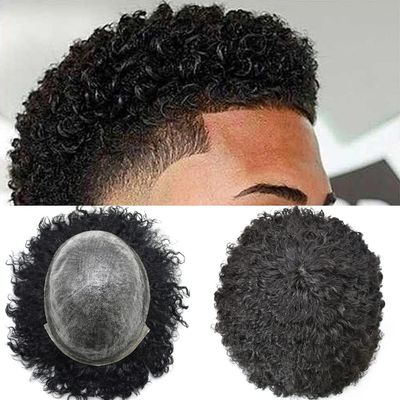 Afro Curly Toupee for Black Men 8X10 Full Poly African American Human Hair Systems All Injected PU Skin Curly Wigs Super Durable Afro Wave Hairpiece Replacement Units (10MM Afro Wave, 1# Jet Black)