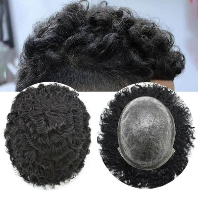 Afro Curly Toupee for Black Men 8X10 Full Poly African American Human Hair Systems All Injected PU Skin Kinky Curly Wigs Durable Afro Wave Hairpiece Replacement Units (12MM Afro Wave, 1# Jet Black)