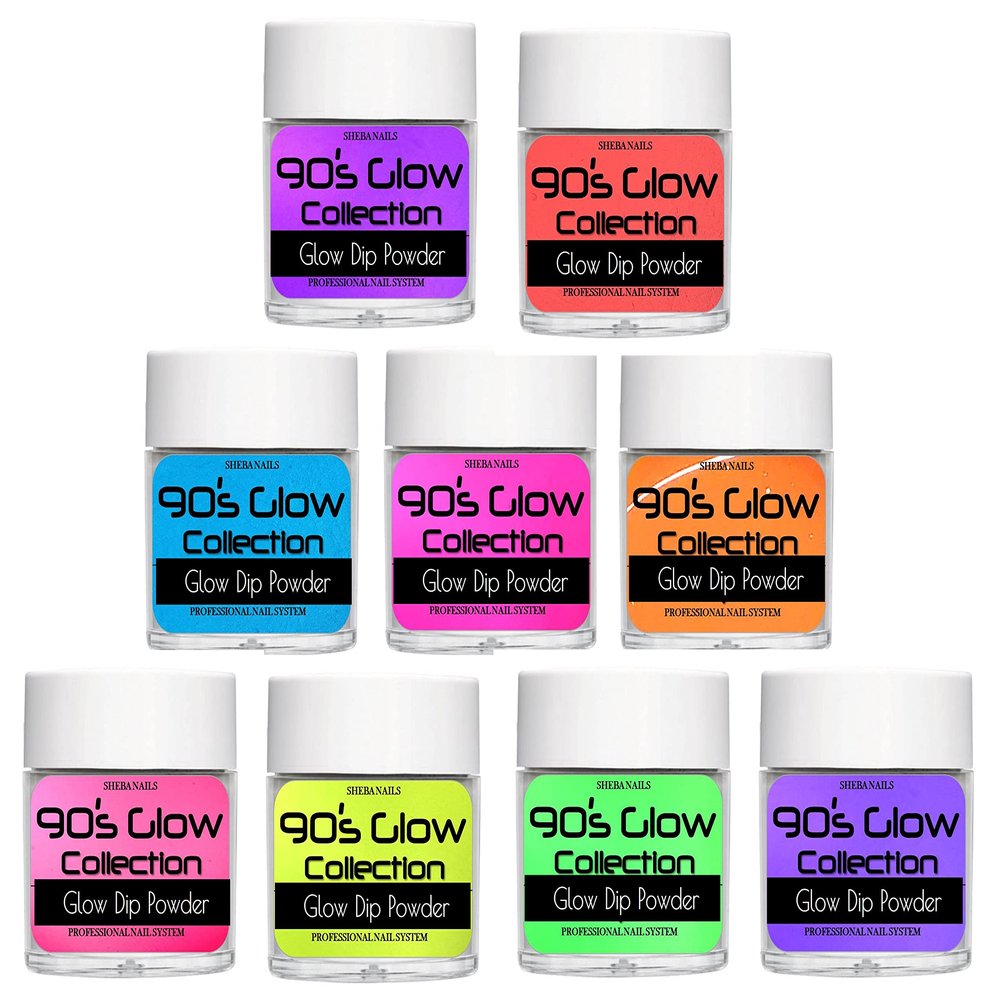 SHEBANAILS 90s GLOW Collection Nail Powder Variety Kit - 9 colors - 1/4oz each - Acrylic Powder for Nails Extension DIY Nail Manicure - Use For Both Dip And Acrylic Application - Neon - Glow
