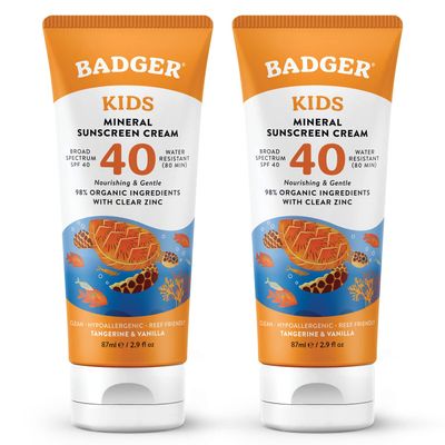 Badger Kids Mineral Sunscreen Cream SPF 40, 98% Organic Ingredients, Zinc Oxide Sunscreen for Kids Face & Body, Water Resistant, Reef Friendly, Hawaii Approved Sunblock, 2.9 fl oz, 2-Pack