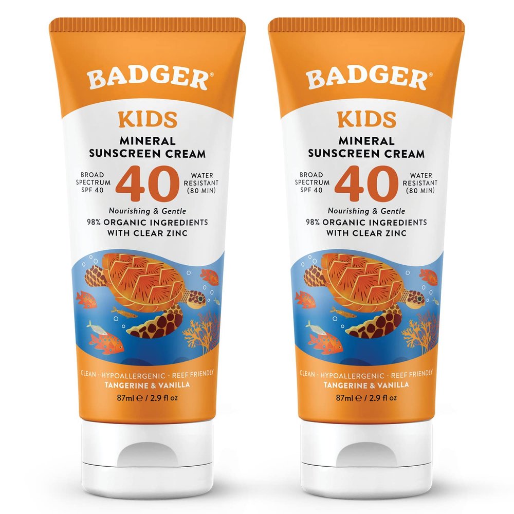Badger Kids Mineral Sunscreen Cream SPF 40, 98% Organic Ingredients, Zinc Oxide Sunscreen for Kids Face & Body, Water Resistant, Reef Friendly, Hawaii Approved Sunblock, 2.9 fl oz, 2-Pack