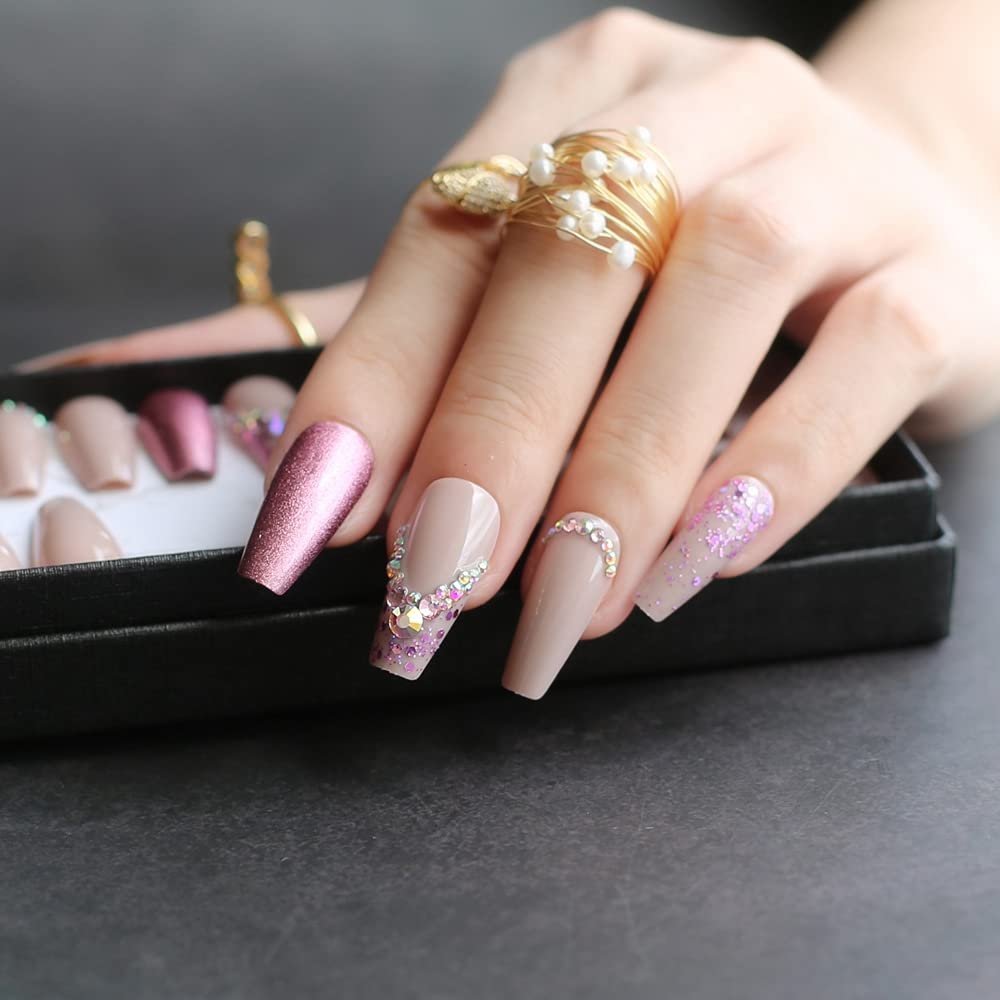 MqpQ Handmade Fashion Gel V Diamond French Glitter Nude Color UV Glossy Match Metal Coffin Fake Nails Medium Length