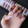 MqpQ Handmade Fashion Gel V Diamond French Glitter Nude Color UV Glossy Match Metal Coffin Fake Nails Medium Length view 4