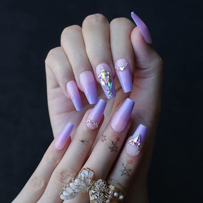 MqpQ Middle Length Coffin Lovely Ombre Violet Acrylic Nails Crystal Art False Nalis Tips Press On Nails Cute Custom Private Label Box