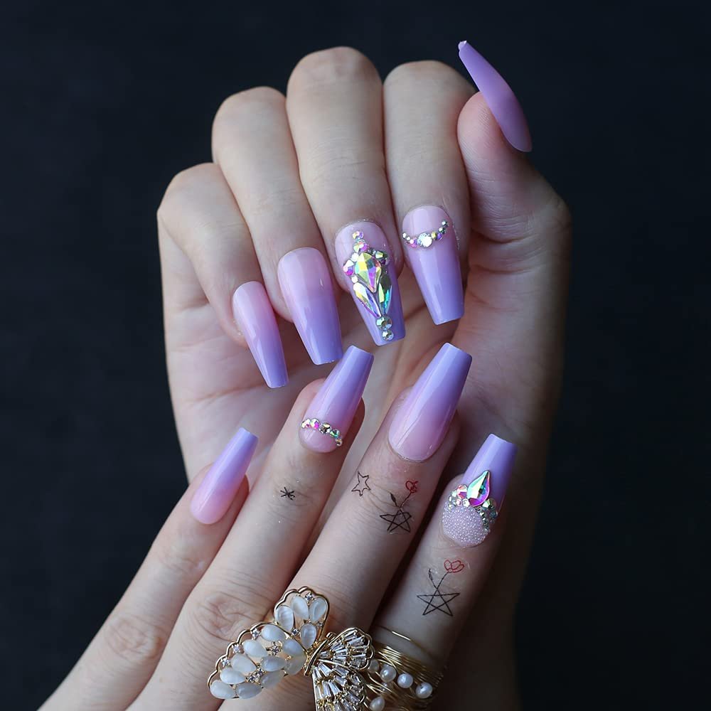 MqpQ Middle Length Coffin Lovely Ombre Violet Acrylic Nails Crystal Art False Nalis Tips Press On Nails Cute Custom Private Label Box