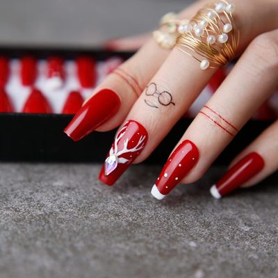 MqpQ 24 pieces Christmas Reindeer False Nails Hand Painted Elk Red 3D Acrylic Crystal DIY Style Art Fake Nalis Tips Press On Nails