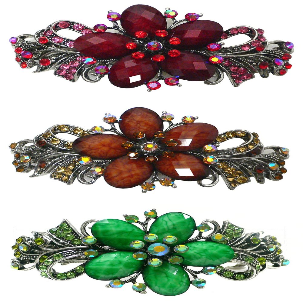 Set of 3 jcgy Large Barrettes Sparkly Crystals Thick Hair Hairclips for Women 0052-3brownGreenRed