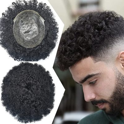 Afro curly toupee for black men full poly african american human hair systems injected pu hairpiece Durable skin kinky curly mens wigs(8"x 10", 1B# Natural Black/Off Black-12MM Afro Wave Curl)