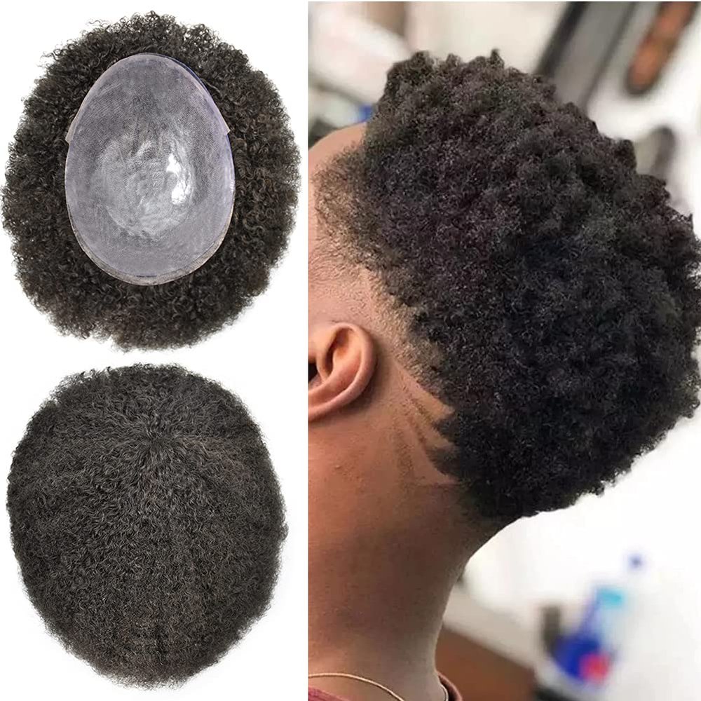 Afro curly toupee for black men 10x8 african american human hair systems replacements all injected pu skin poly kinky curly mens hairpiece wigs(8"x 10", 1B# Natural Black/Off Black-6MM Afro Wave Curl)