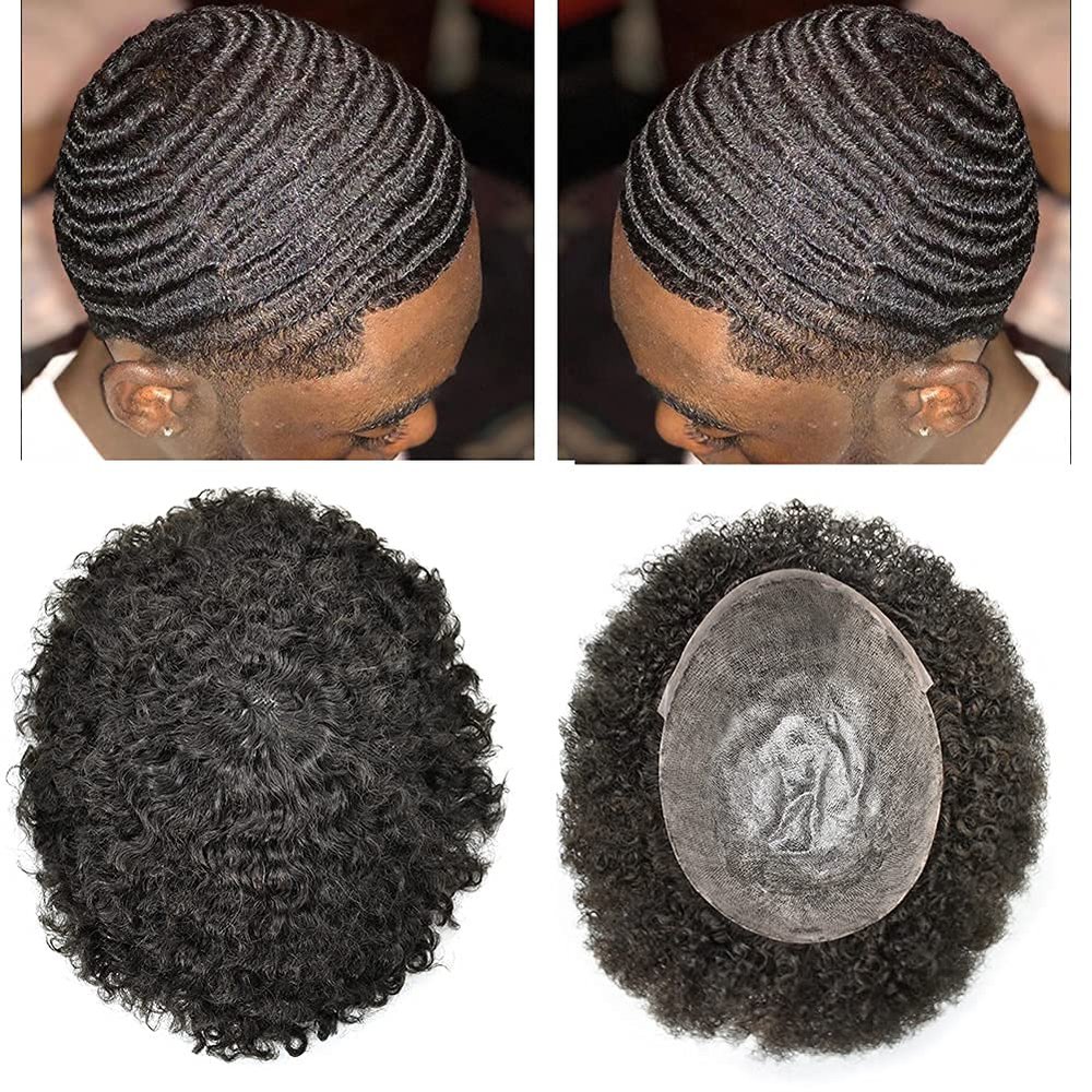 Afro curly toupee for black men 10x8 african american human hair systems replacements all injected pu skin poly kinky curly mens hairpiece wig(8"x 10", 1B# Natural Black/Off Black-10MM Afro Wave Curl)