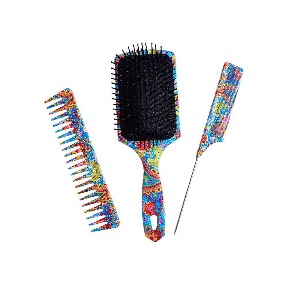 The Oriental Hair Brush and Comb Set by BeaverStrong - Far East All Purpose Large Paddle Brush and Combs Kit for Men and Women (3-Pack)