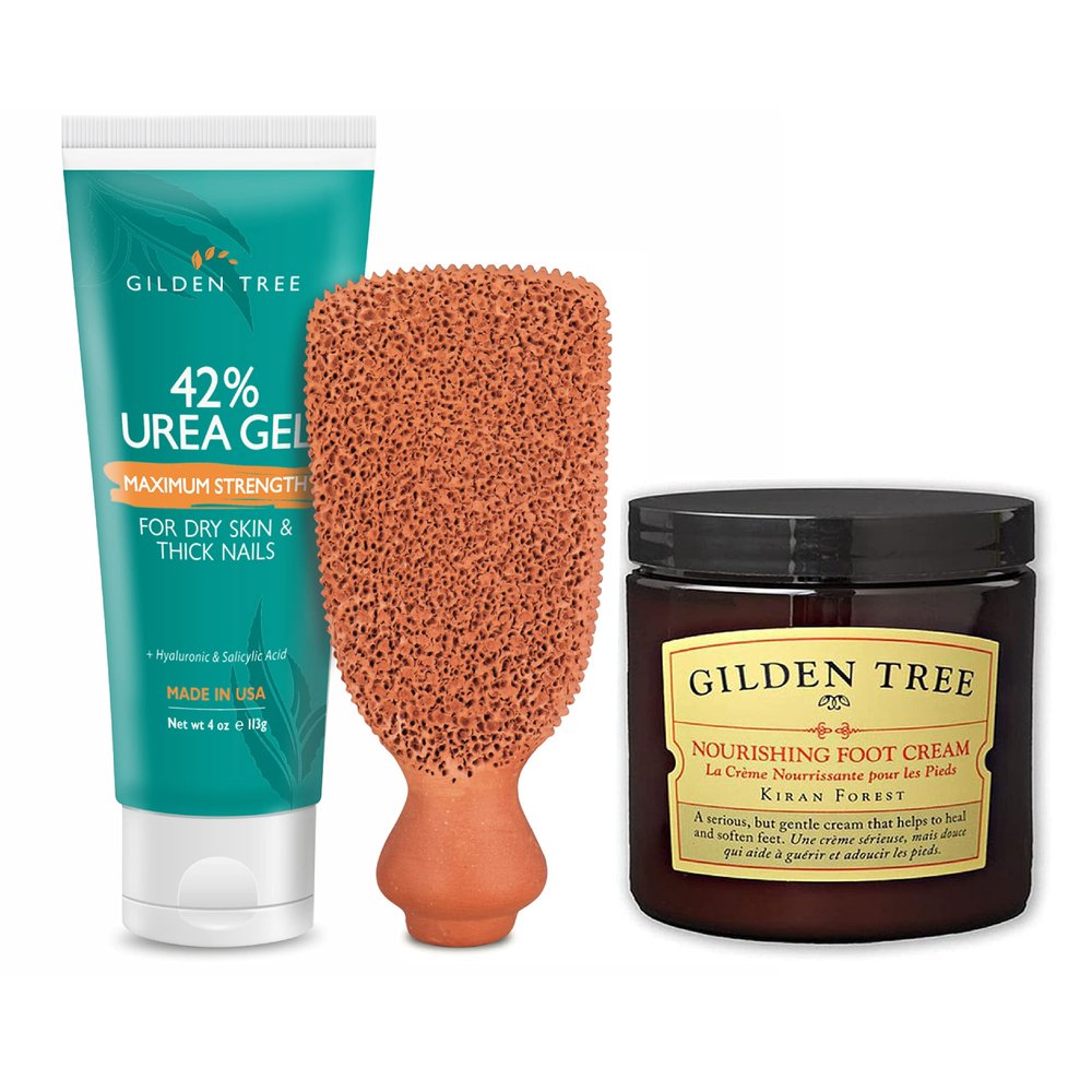 GILDEN TREE Maximum Strength 42% Urea Gel + 2-Sided Foot Scrubber + Nourishing Foot Cream Bundle