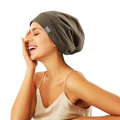 ELIHAIR Beanie Sleep Hats Bonnet for Night Sleeping Cap Silky Lined Satin Bonnet with Adjustable Elastic Band for Women Girls Curly Frizzy Hair Cover(Regular Brownish Green)