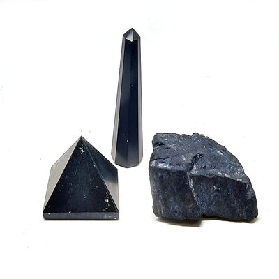 Black Tourmaline Pyramid Pencil and Raw Crystals Set of 3 for Protection from Negative Energy & Evil Eyes