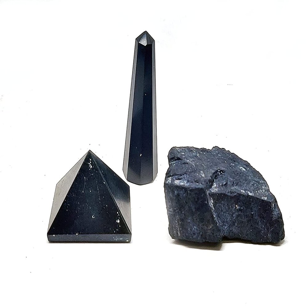 Black Tourmaline Pyramid Pencil and Raw Crystals Set of 3 for Protection from Negative Energy & Evil Eyes