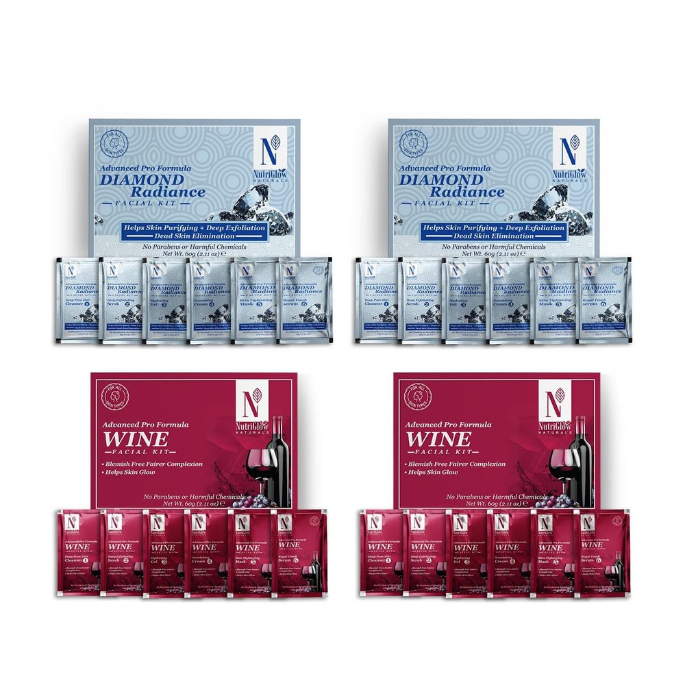 NutriGlow NATURAL'S Advanced Pro Formula Diamond Radiance Facial Kit & Wine Facial Kit For Acne & Spot Free Reduces Pigmentation & Removes Blackheads, 2.11 OZ Each Combo (Pack of 4)