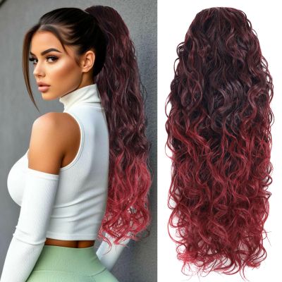 Fashion Icon Curly Wavy Ponytail Extension Clip In Wave Real Hair Black Ponytail Drawstring Clip On Extensions Hair Body Thick Weave Fake Pony tails Synthetic Hairpiece for Women 26 Inch