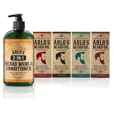 Arlo's 2-in-1 Beard Wash and Conditioner 12 oz. with 4-PC Beard Oil Variety Pack