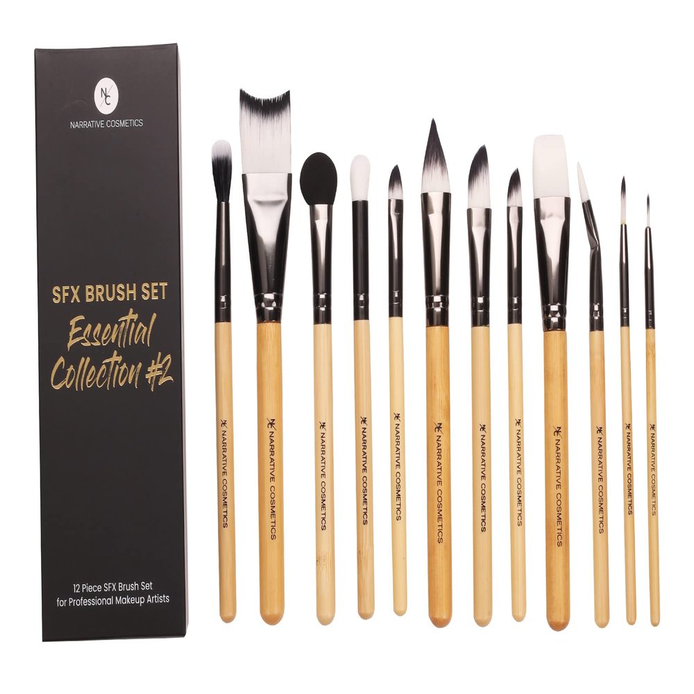 Narrative Cosmetics SFX Brush Set, Essential Collection #2, 12 Makeup Brushes with Synthetic Bristles & Natural Bamboo Handles