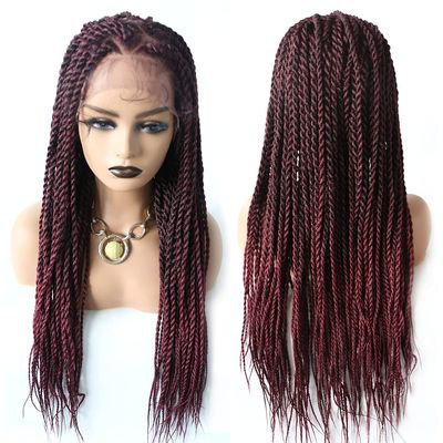 31" Hand-Braided 4.75X12.5" Swiss Lace Front Twist Braids Wigs with Baby Hair Natural Looking Premium Quality Kanekalon Synthetic Lightweight Box Braided Wig for Black Women (#1B/99JT Black Mix Wine