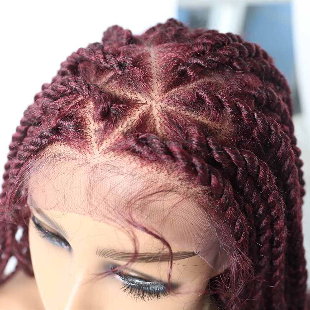 31" Hand-Braided 4.75X12.5 Swiss Lace Front Twist Braids Wigs with Baby Hair Natural Looking Premium Quality Synthetic Lightweight Box Braided Wig for Black Women (#T1B/BUG Black Mix Red)