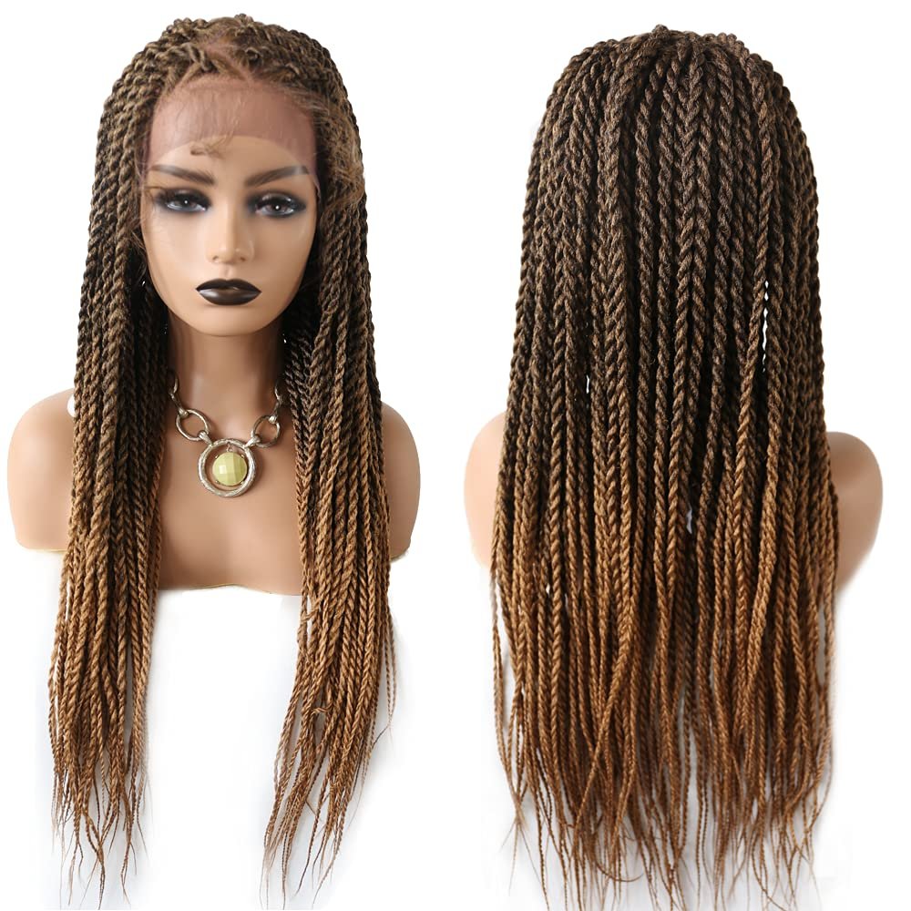31" Hand-Braided 4.75X12.5 Swiss Lace Front Twist Braids Wigs with Baby Hair Natural Looking Premium Quality Synthetic Lightweight Box Braided Wig for Black Women (#1B/27T Black Mix Blonde)