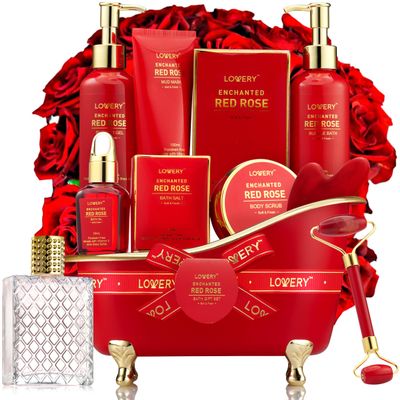 Christmas Gifts, Spa Gifts for Women, Bath and Body Gift Set, Red Rose Gift Basket Relaxation, Pampering, Thank You, Birthday Gifts for Mom Her with Perfume, Jade Roller, Quartz Gua Sha Stone & More