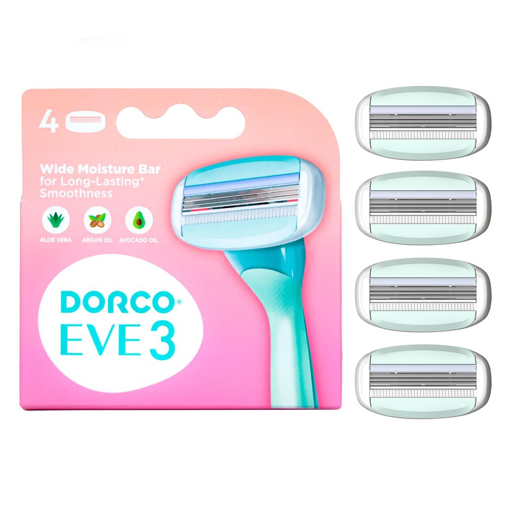 Dorco EVE 3 Razors for Women, Quick & Easy Shaving, 3 Curved Blades with Aloe Vera Moisture Bar, 4 Cartridge Refills (No Handle Included)