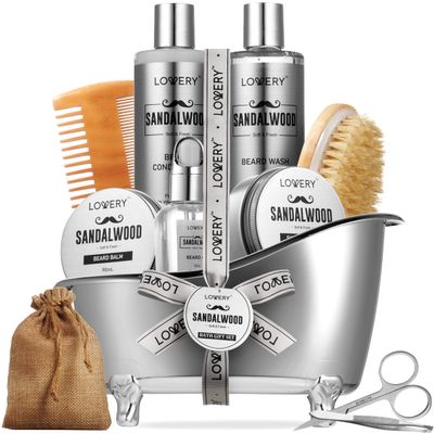 Christmas Mens Gifts, Sandalwood Beard Grooming Kit, Mens Grooming Kit for Boyfriend Dad, Him, 11pc Beard Straightener for Men Beard Care, Beard Growth and Trimming Gift, Beard Wash Growth Oil & More