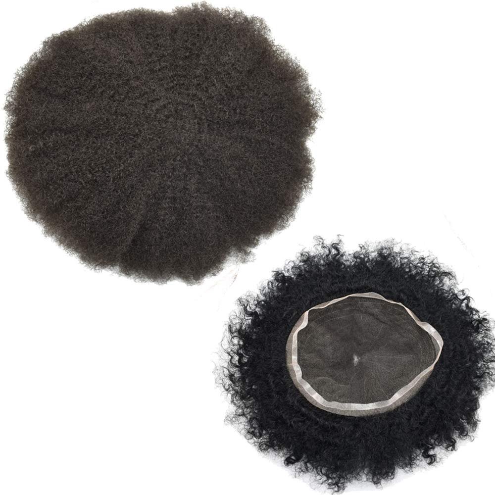 Afro Curly Toupee for Black men African American Human Hair Replacement Black Mens Curly Toupee Full French Lace Toupee for Men Man Weave Hair Unit 1B# Natural Black/Off Black-6MM Afro Wave Curl