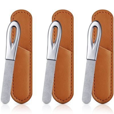 3 Pieces Stainless Steel Nail Files with Leather Case Double Sided Nail Files Non Slip Handle Grit Diamond Fingernail File Easily Grinding Metal Nail File Emery Boards for Natural Nails (Brown)
