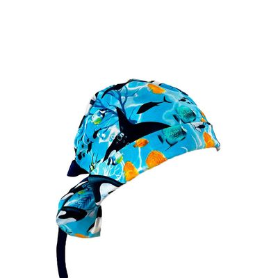 Turn Up Ponytail Medical Scrub Cap - Killer Orca Whales Swimming. Bouffant Scrub Hats, Unisex Surgical Caps, Dr. Hats, Nurses Hats. Scrub Hat for Women & Men tie Back | Working Cap with Holder