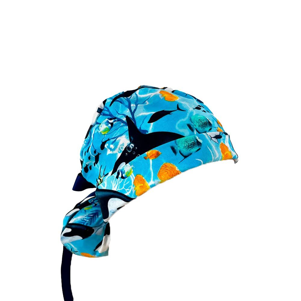 Turn Up Ponytail Medical Scrub Cap - Killer Orca Whales Swimming. Bouffant Scrub Hats, Unisex Surgical Caps, Dr. Hats, Nurses Hats. Scrub Hat for Women & Men tie Back | Working Cap with Holder