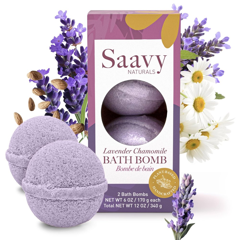 Bath Bombs Lavender Chamomile Saavy Naturals, Plant-Based Ingredients- Made in USA - Organic Bath Bombs Gentle Moisturizing Formula, Foaming Fizz Bubbles, Gift for Women and Kids, 6 Oz Each, 2 Pack