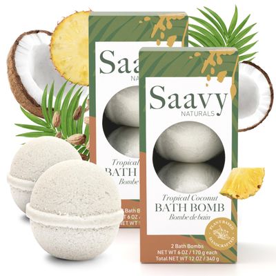 Bath Bombs Tropical Coconut Saavy Naturals - Clean, Plant Based Ingredients- Made in USA-Organic Bath Bombs Gentle Formula, Foaming Fizz Bubbles, Gift for Women and Kids, 6 Oz Each, 2 Pack