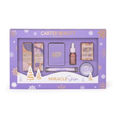 Carter Beauty Miracle Skin - Makeup For A More Radiant Effect - Perfect For An On The Go Face Look - Includes Foundation, Illuminator, Contour Stick, Setting Powder - Sticky Toffee - 7 Pc Gift Set