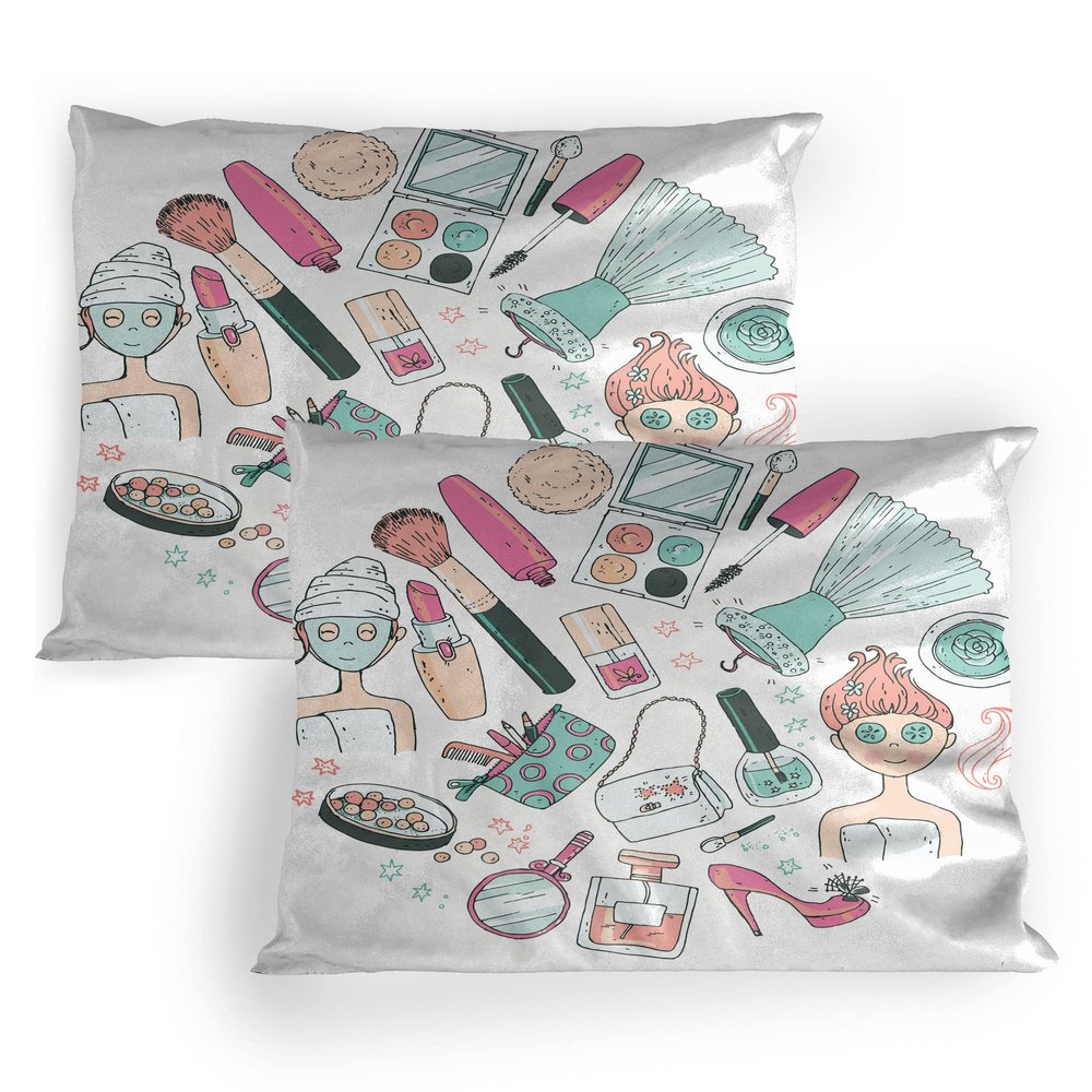 Lunarable Makeup Pillow Sham Set of 2, Beauty and Care Products Woman with Face Cosmetic Blush Doodle, Quality Microfiber Bedding Item for All Seasons, 30" x 20", Pink Seafoam Pale Peach