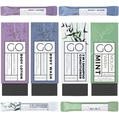 The Go Essentials travel amenities kit includes single packets of shampoo/conditioner, mouthwash, body lotion, and body wash.