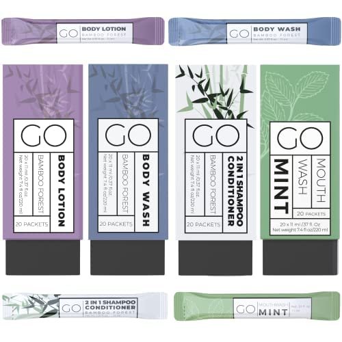 The Go Essentials travel amenities kit includes single packets of shampoo/conditioner, mouthwash, body lotion, and body wash.
