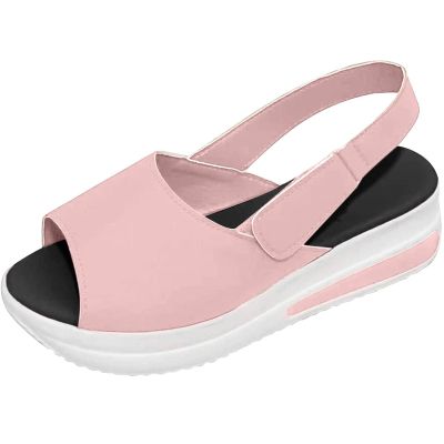 oiangi Slingback Sandals for Women Summer Comfy Open Toe Ankle Strap Hook&Loop Wedge Sandals Solid Shallow Mouth Casual Non-Slip Platform Beach Shoes Pink