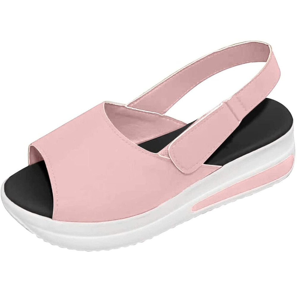 oiangi Slingback Sandals for Women Summer Comfy Open Toe Ankle Strap Hook&Loop Wedge Sandals Solid Shallow Mouth Casual Non-Slip Platform Beach Shoes Pink
