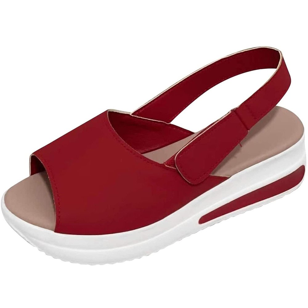 oiangi Slingback Sandals for Women Summer Comfy Open Toe Ankle Strap Hook&Loop Wedge Sandals Solid Shallow Mouth Casual Non-Slip Platform Beach Shoes Red