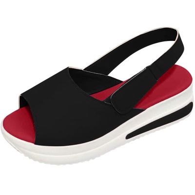 oiangi Slingback Sandals for Women Summer Comfy Open Toe Ankle Strap Hook&Loop Wedge Sandals Solid Shallow Mouth Casual Non-Slip Platform Beach Shoes Black