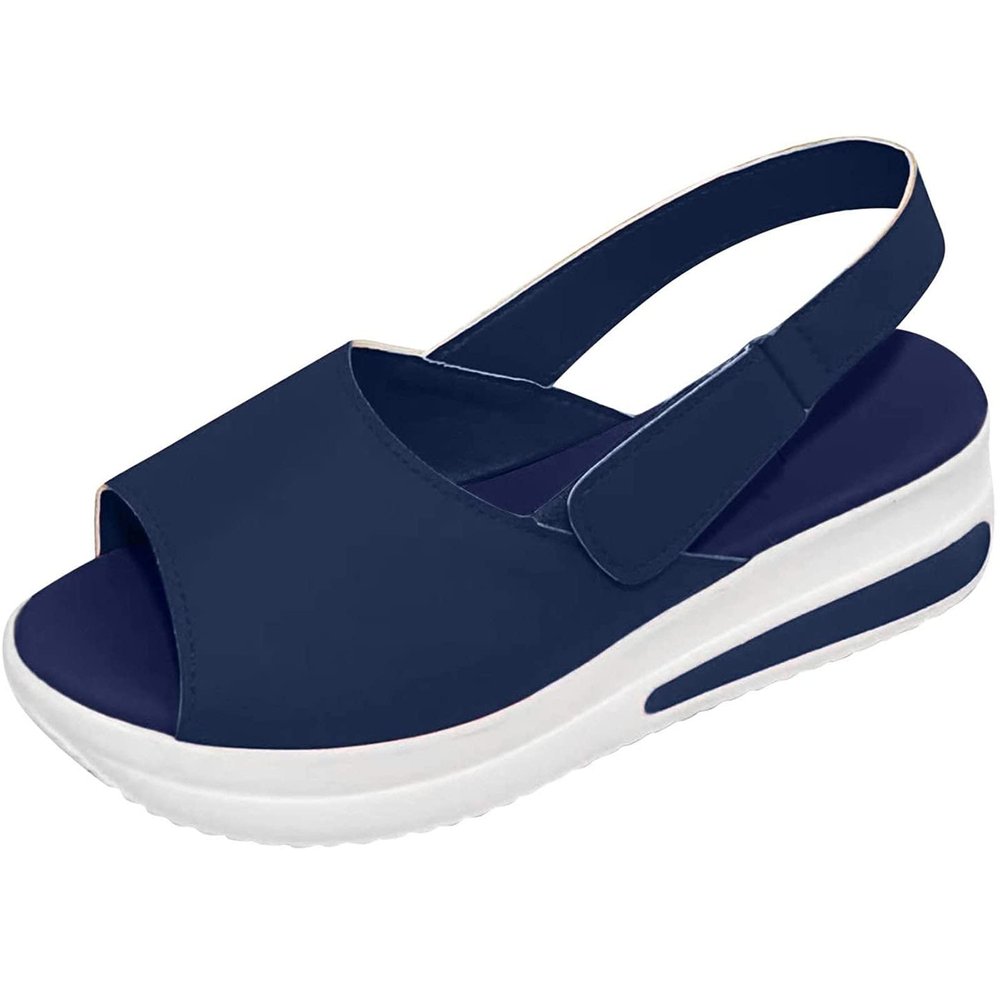 oiangi Slingback Sandals for Women Summer Comfy Open Toe Ankle Strap Hook&Loop Wedge Sandals Solid Shallow Mouth Casual Non-Slip Platform Beach Shoes Navy