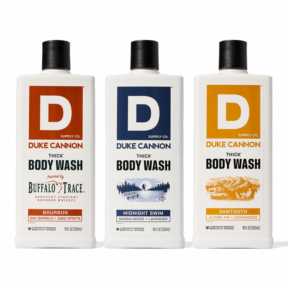 Duke Cannon Supply Co. Thick High Viscosity Body Wash - 3X Thicker, Plant-Based Body Wash for Men with Lasting Scent - Mens Body Scrub - Sawtooth, Midnight Swim & Bourbon (18oz)