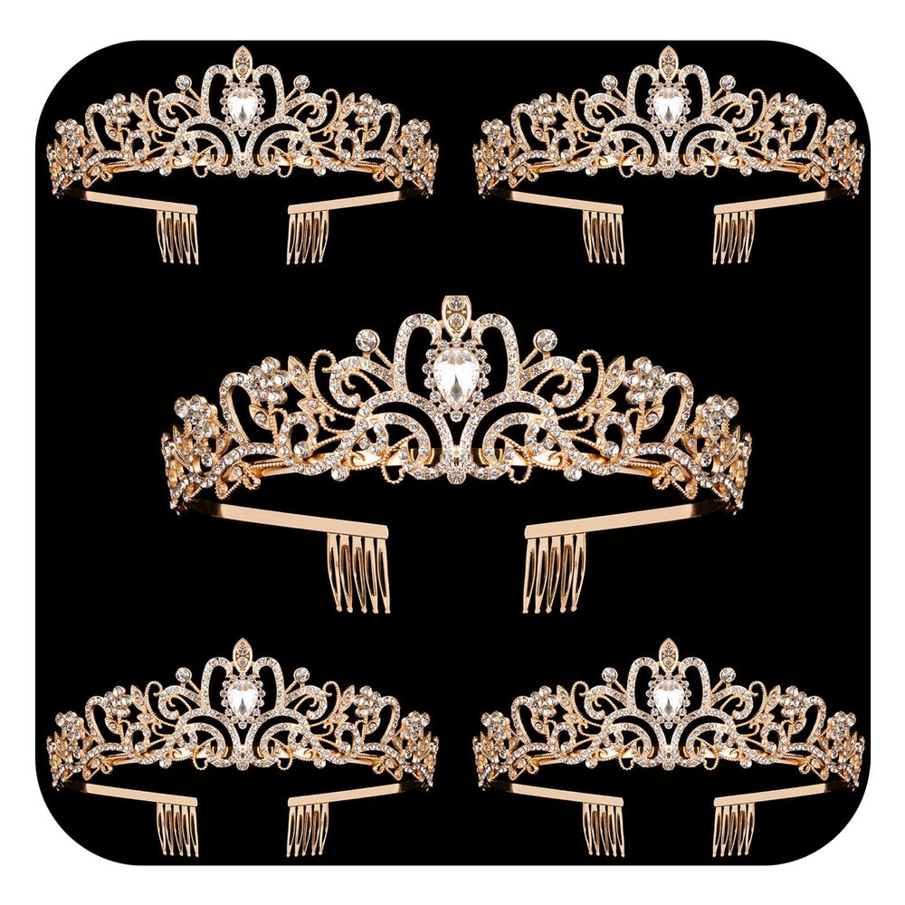 5 Pack Gold Crystal Crowns Tiara for Women, Girls Elegant Princess Rhinestone Crown with Combs, Bridal Wedding Headbands Prom Birthday Party Halloween Hair Accessories Jewelry Gifts for Women Girls