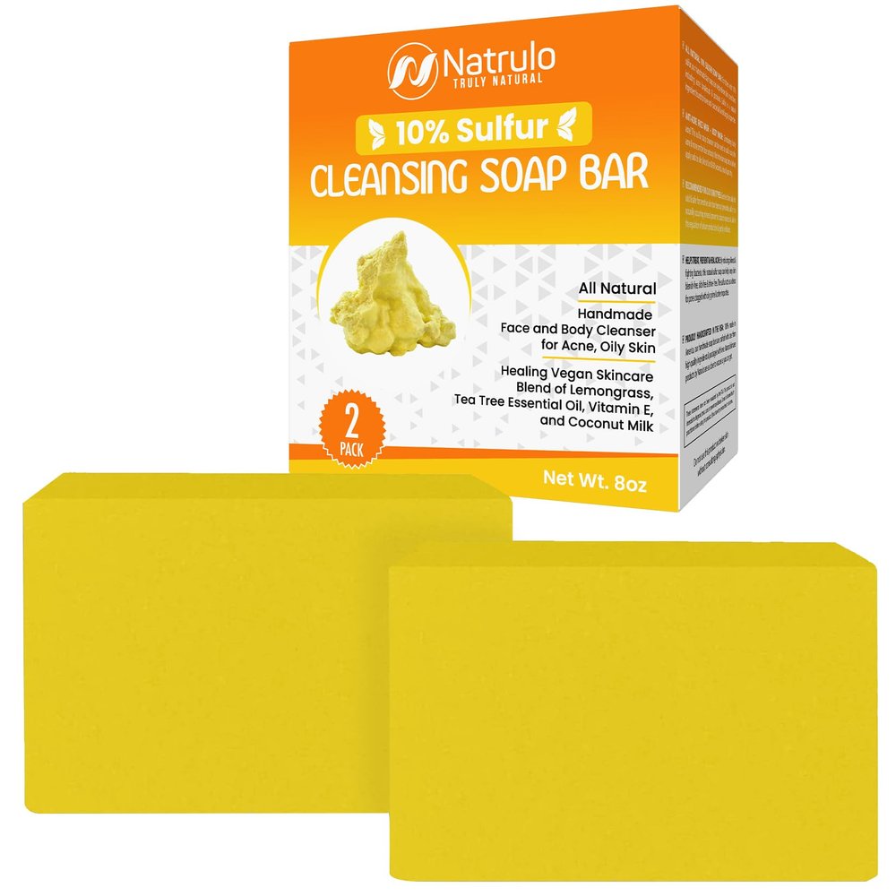 10% Sulfur Soap Cleansing Bar for Face & Body  All Natural Facial Cleanser for Acne, Oily Skin  Healing Skincare Blend of Lemongrass, Tea Tree Essential Oil, Vitamin E, Coconut Milk  Made in USA