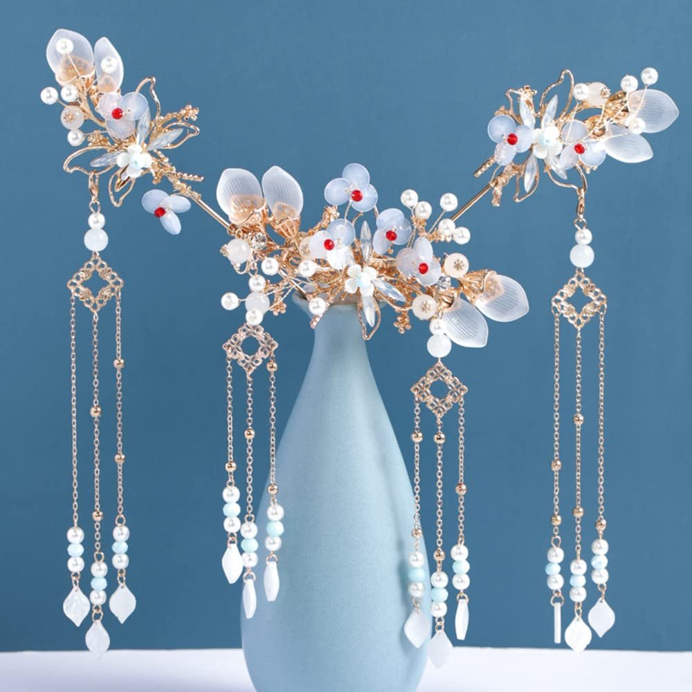 luckymeet Women Hair Stick Hair Accessory Set,Hanfu Earrings Set,Chinese Hair Sticks,Long Tassel Hair Sticks Set,Hair Pins/Hair Comb/Earrings Classical Style Handmade Hair Accessories (#H)