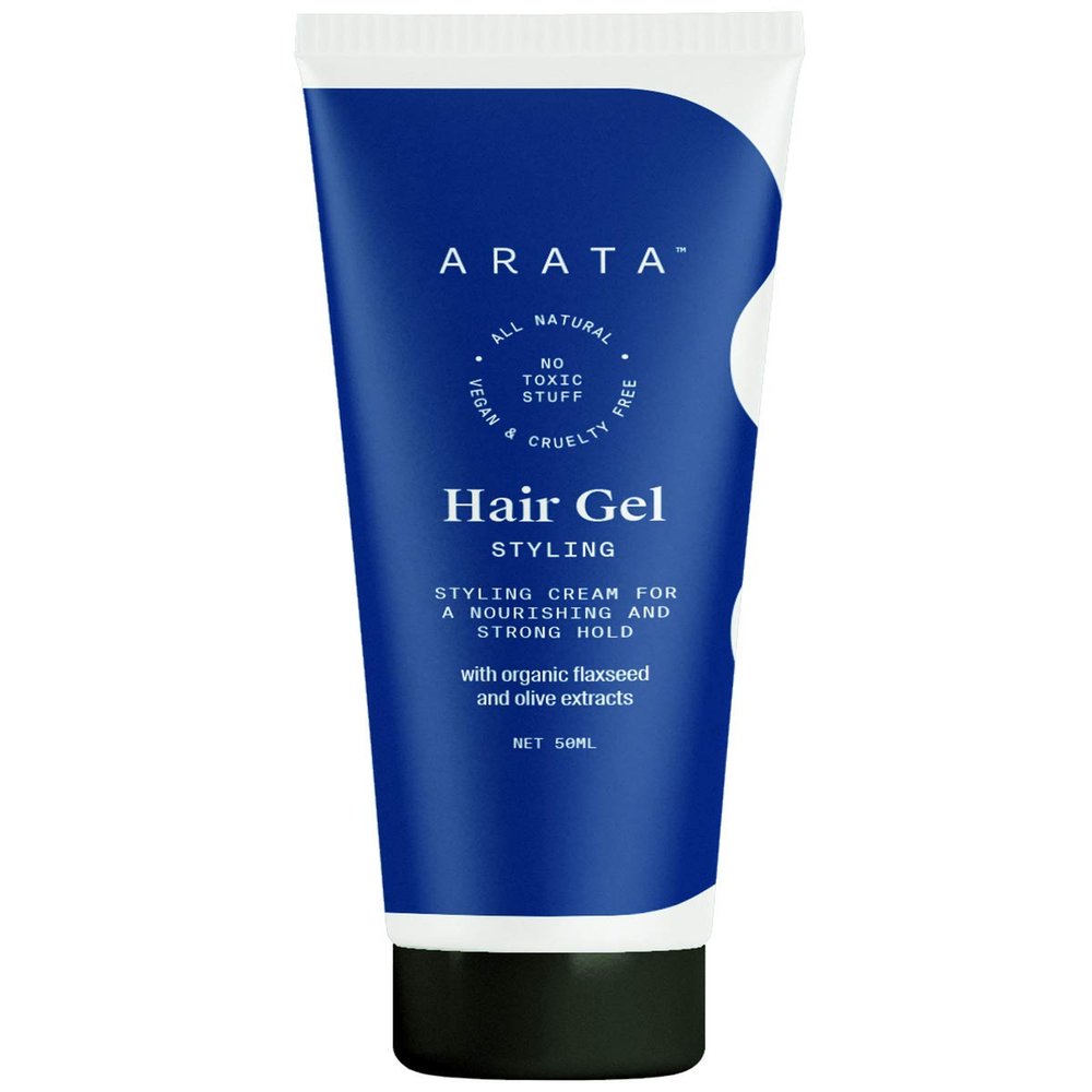 Arata Zero Chemicals Natural Hair Gel for Studio Styling, Shaping, Strong Hold & Nourishment with Organic Flaxseed & Olive Extracts for Women & Men (50 ml)