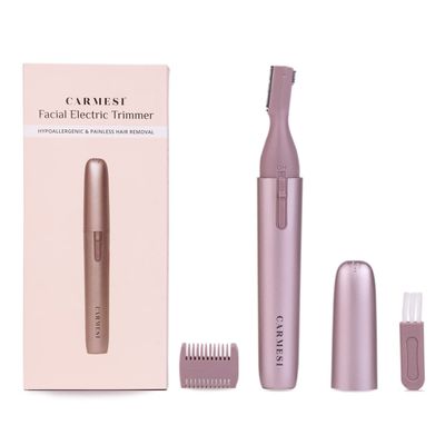 Carmesi Facial Electric Trimmer for Women | Hypoallergenic and Painless Hair Removal | 2 Blades Sizes | Eyebrow Comb and Cleaning Brush | Rose Gold